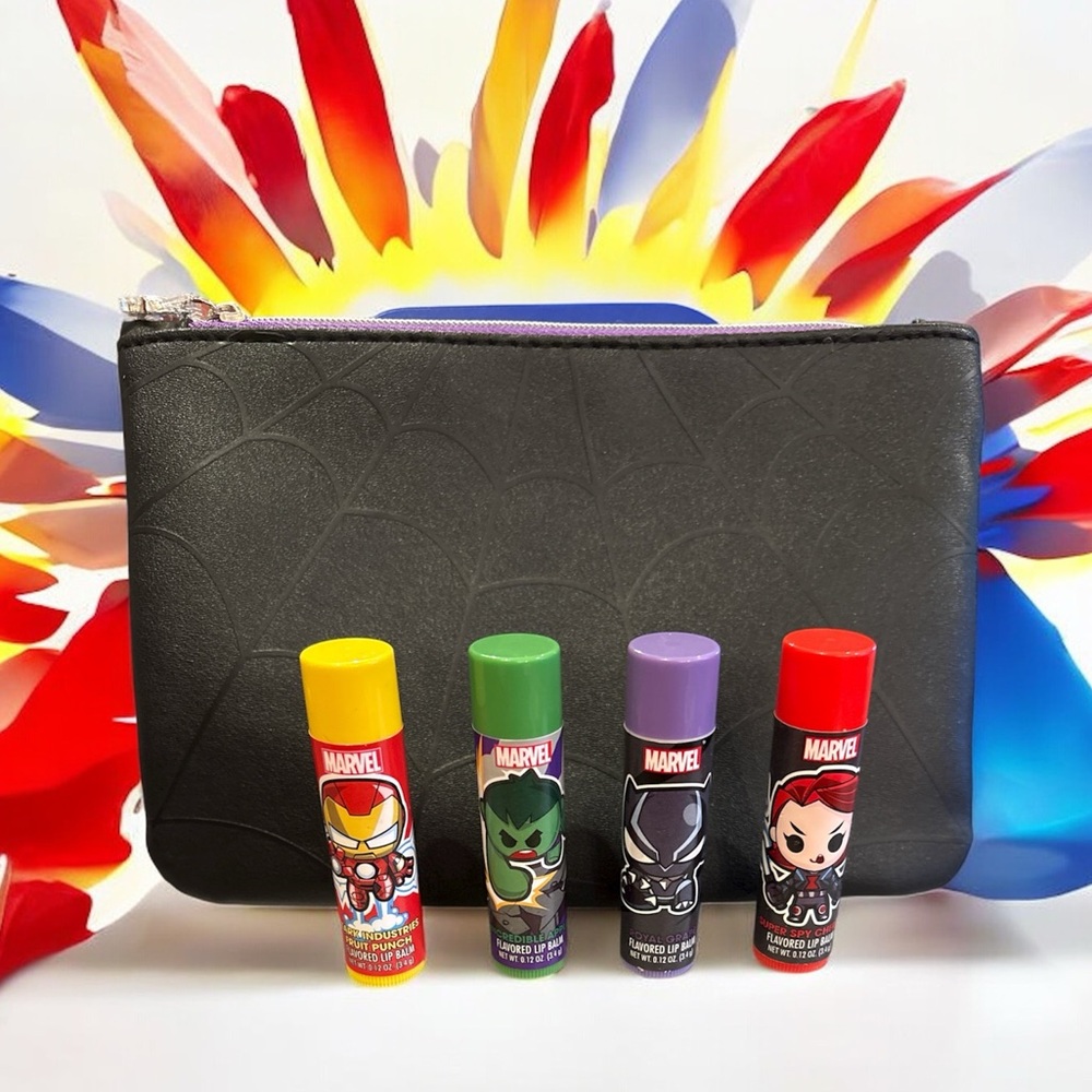 🆕 Marvel Character Lip Balm Collection (4) with Black Spider Web Makeup Bag